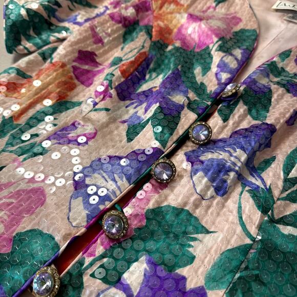 Vintage 80s A.J. Bari 100% Silk Sequined Blazer Shirt Women's Size 10 - Picture 2 of 8
